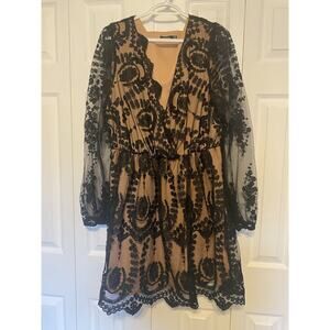 Stunning Boohoo Fully Lined Long Sleeve Black Lace Dress Size 18 V-neck Holiday